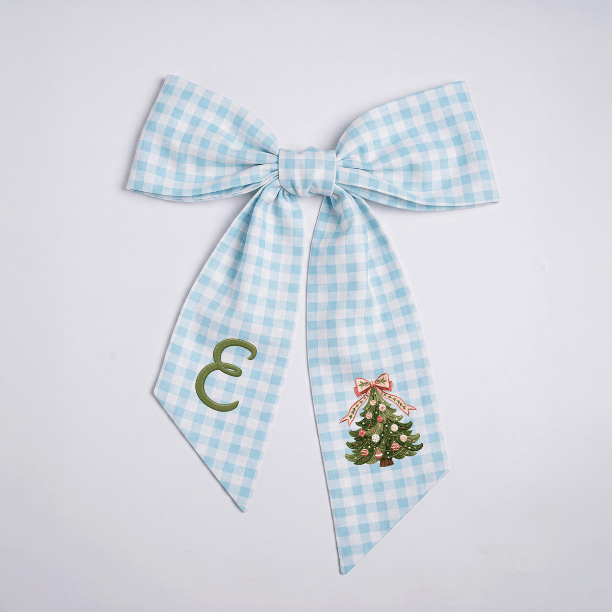 Custom Monogram Christmas Tree Embroidered Linen Door Wreath Sash, Personalized Initial Pink Bow Pine Tree Holiday Wreath Sash & Front Door Decor