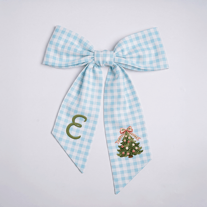 Custom Monogram Christmas Tree Embroidered Linen Door Wreath Sash, Personalized Initial Pink Bow Pine Tree Holiday Wreath Sash & Front Door Decor