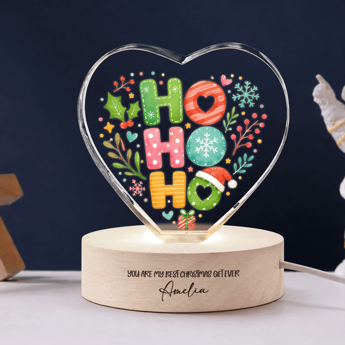 Custom Ho Ho Ho Santa Hat Festive 3D Laser Engraved Crystal Heart with LED Wooden Standee, Personalized Name Holiday Night Light Keepsake