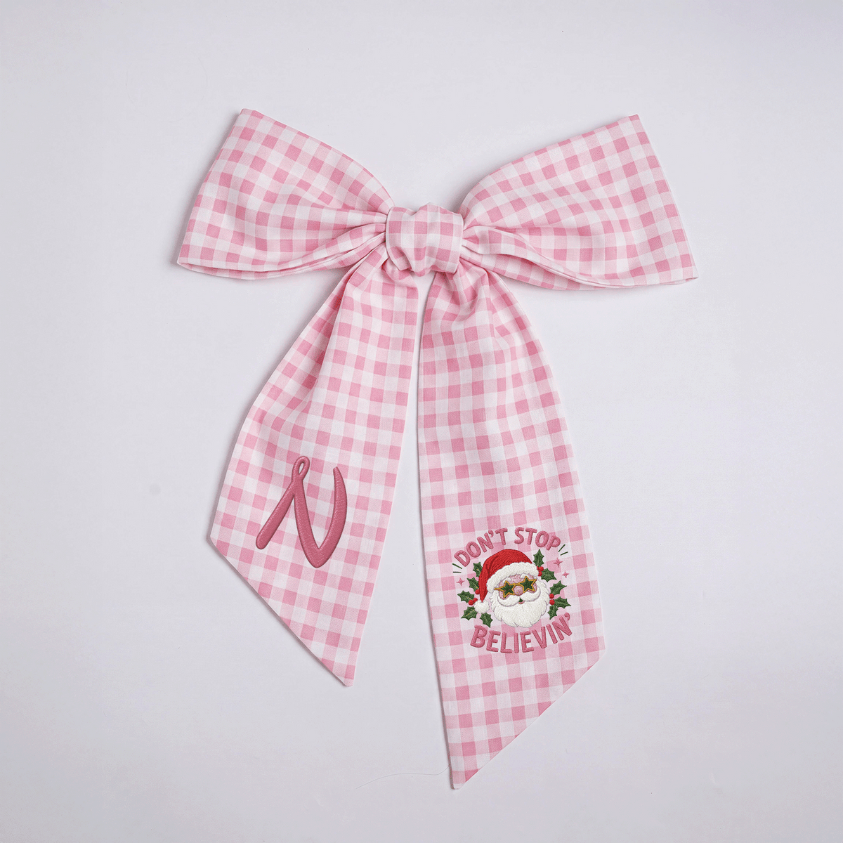 Custom Monogram Don't Stop Believin' Santa Embroidered Linen Door Wreath Sash, Personalized Initial Star Sunglasses Santa Quote Holiday Wreath Sash & Front Door Decor
