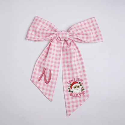 Custom Monogram Don't Stop Believin' Santa Embroidered Linen Door Wreath Sash, Personalized Initial Star Sunglasses Santa Quote Holiday Wreath Sash & Front Door Decor