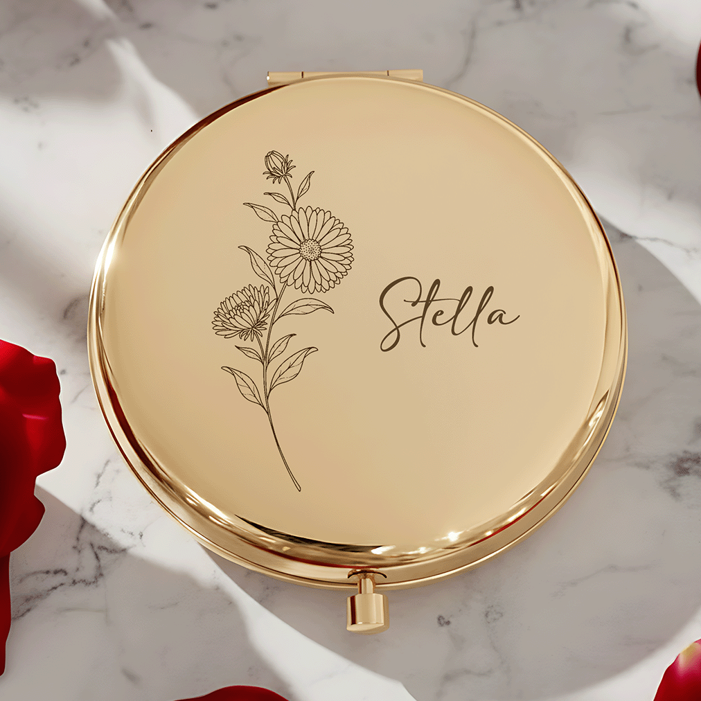 Personalized Birth Flower Engraved Compact Mirror – Meaningful Gift for Her | Valentine’s Day, Mother’s Day, Birthday Keepsake