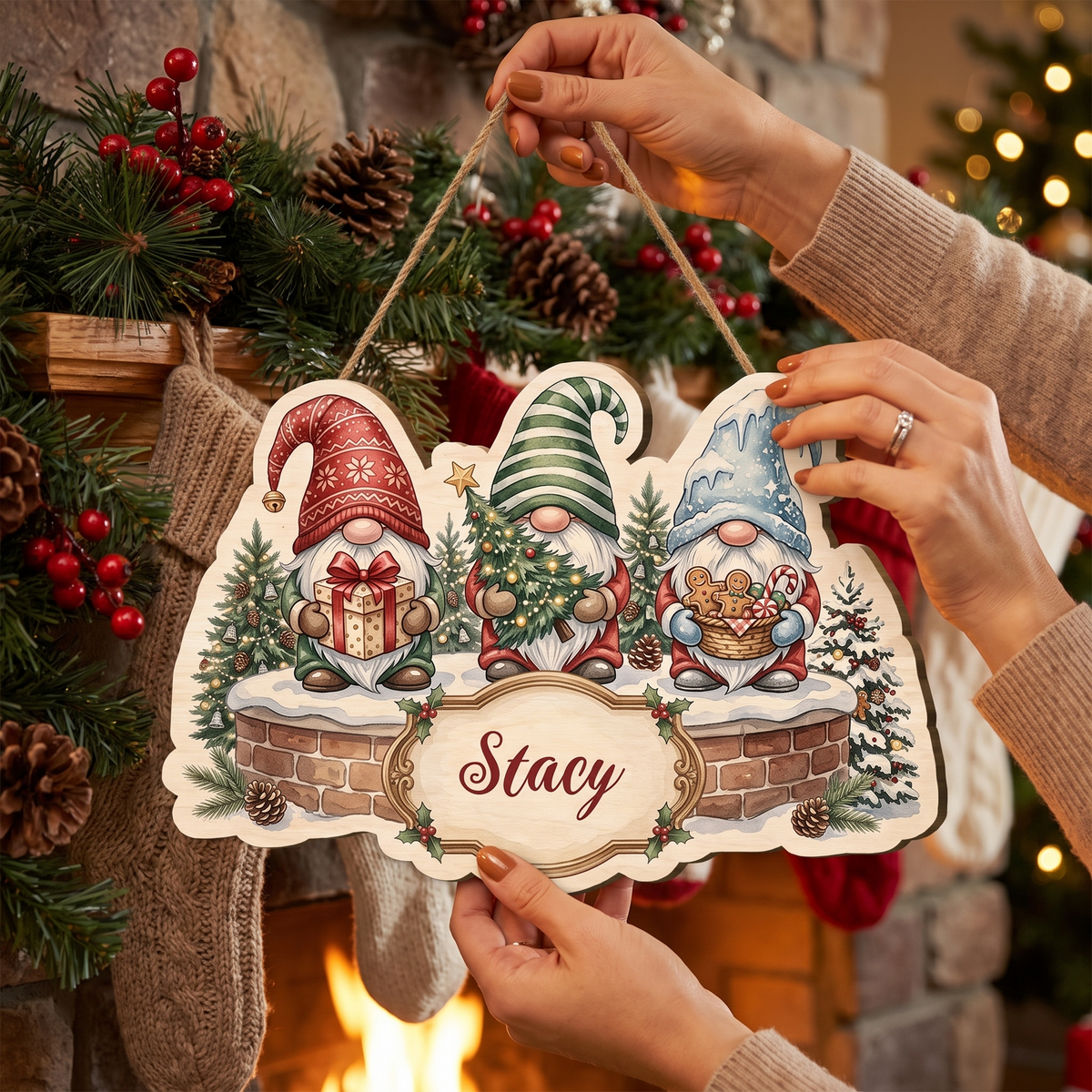 Personalized Christmas Gnomes Custom Shape Wood Sign, Custom Family Name Three Holiday Gnomes Brick Wall Wooden Hanging Plaque, Festive Christmas Door & Wall Decor Family Gift