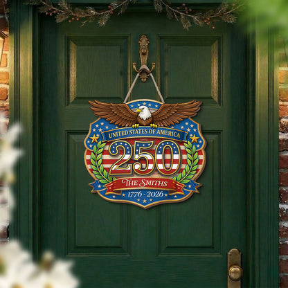 United States of America 250th Anniversary Personalized 2-Layer Wood Sign – Custom Family Name Patriotic Door Sign