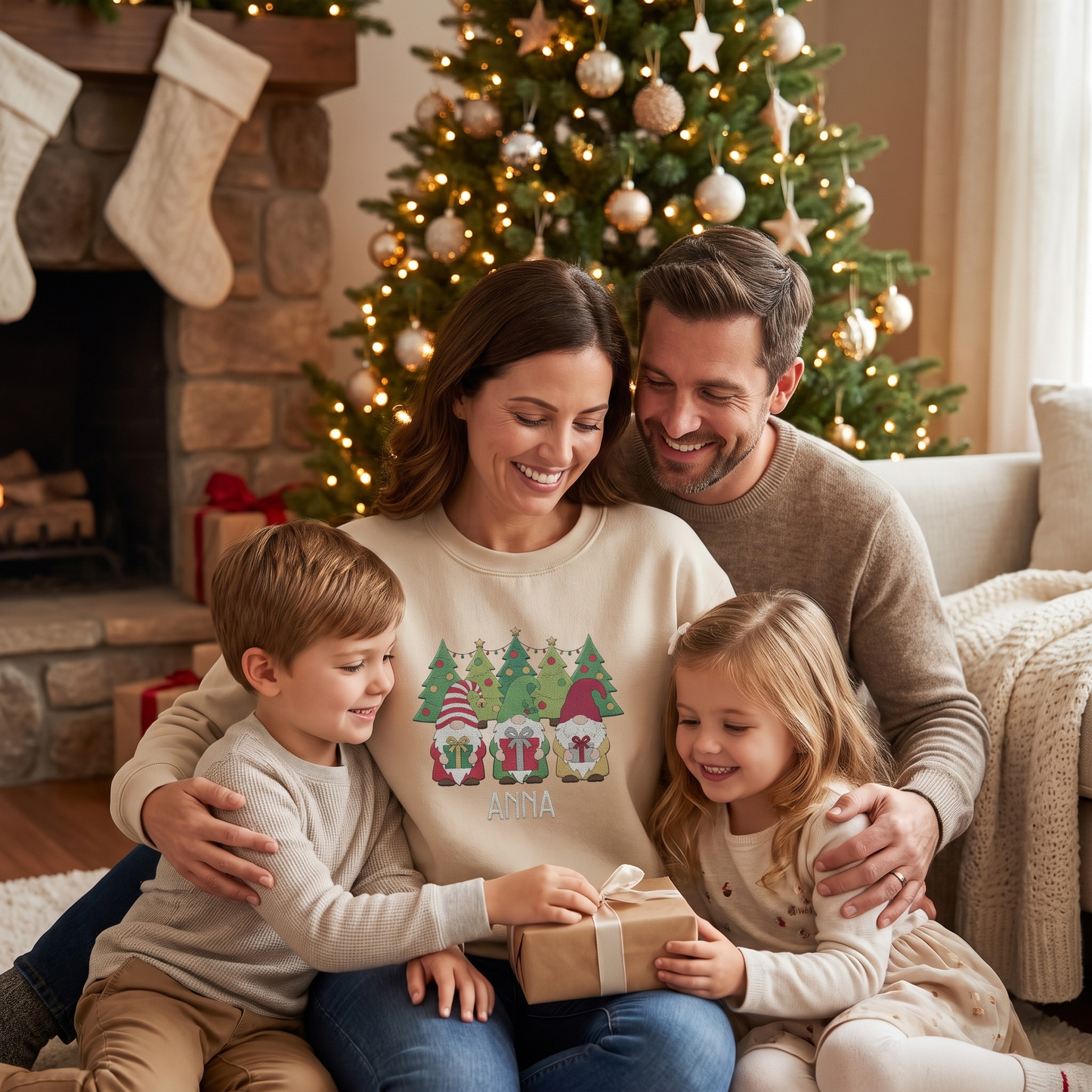 Personalized Christmas Gnome Embroidered Sweatshirt, Custom Name Holiday Tree Crewneck