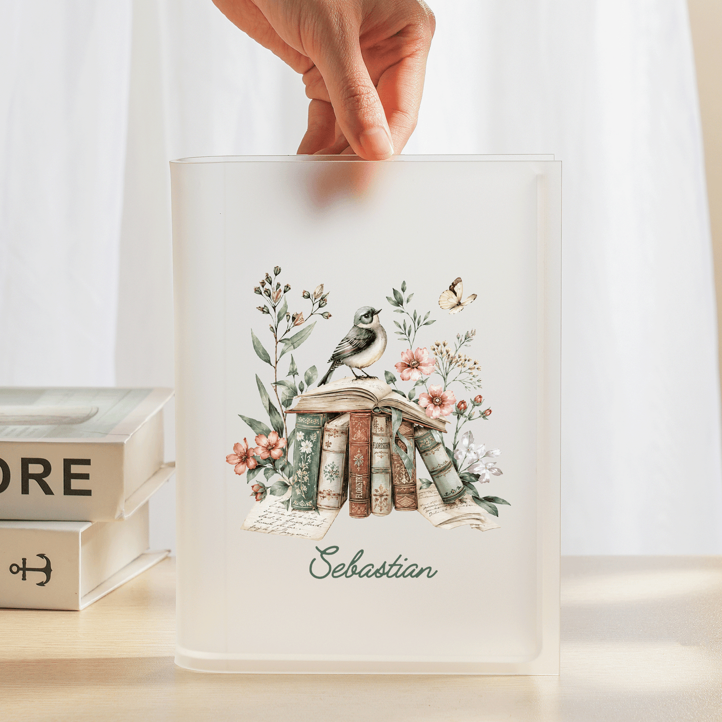 Personalized Vintage Books & Bird Acrylic Book Vase, Custom Name Literary Flower Vase