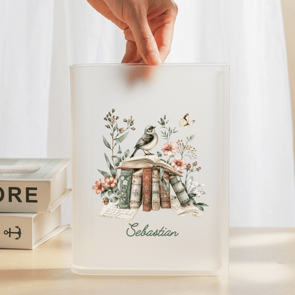 Personalized Vintage Books & Bird Acrylic Book Vase, Custom Name Literary Flower Vase