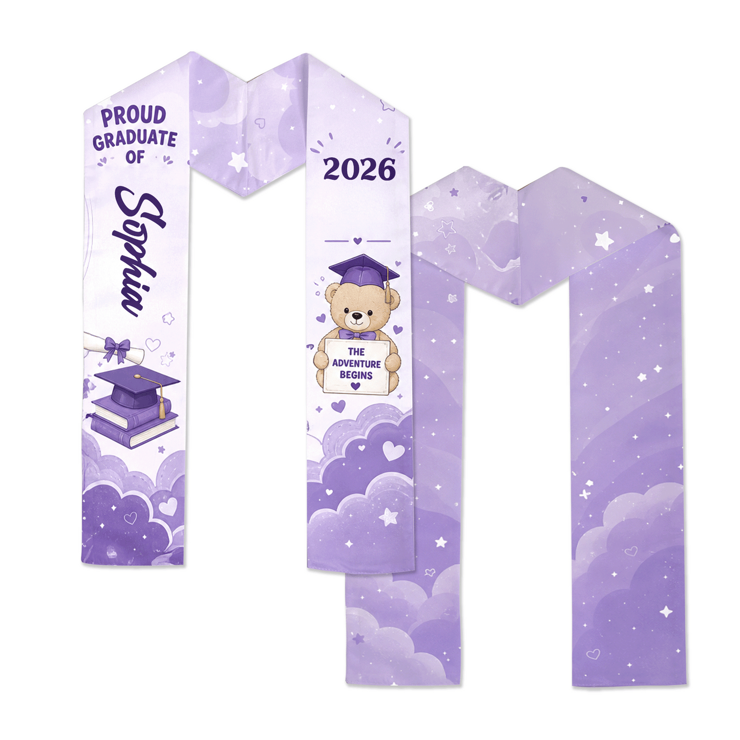 Personalized The Adventure Begins Purple Kid Graduation Stole – Custom Name