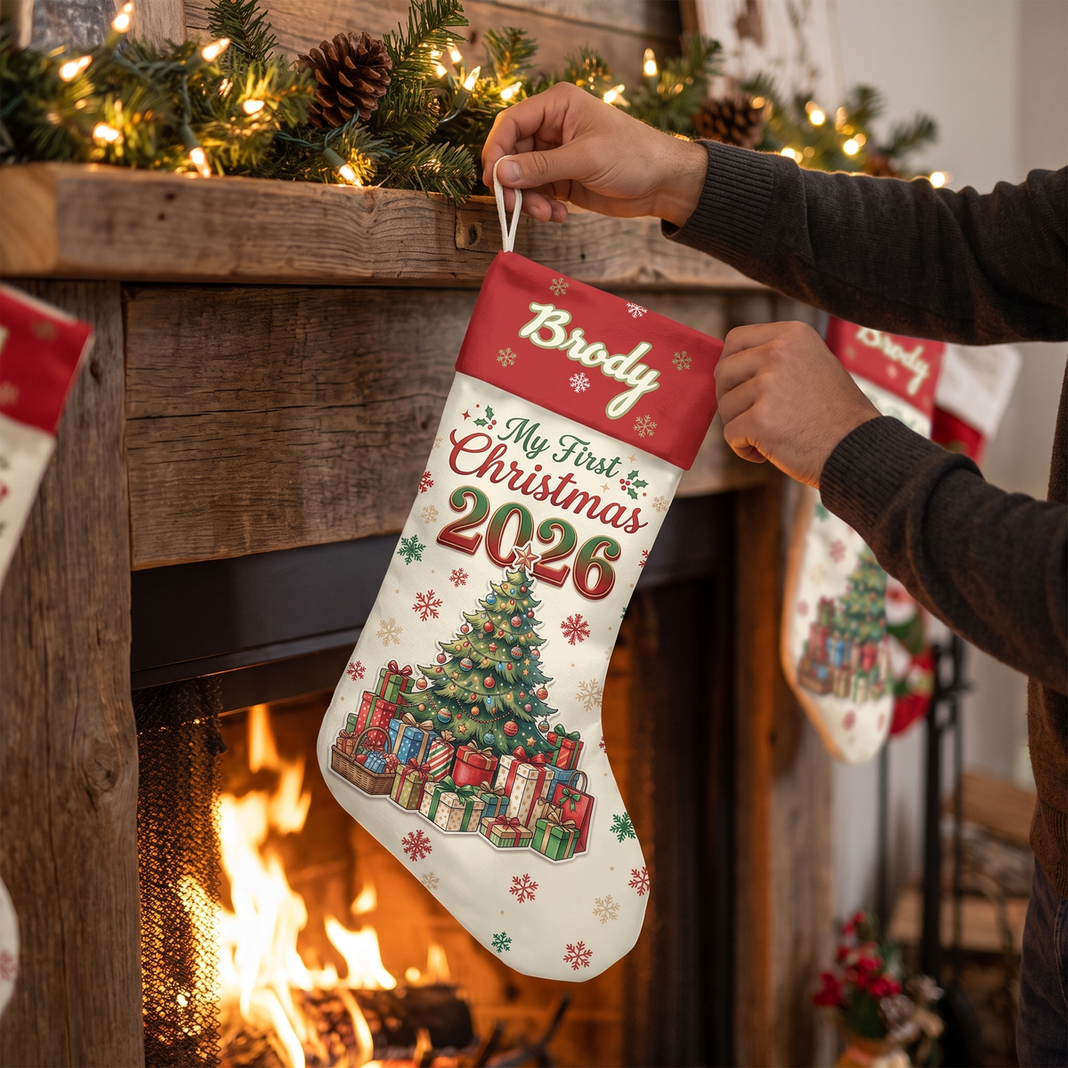 Hands hanging a red cuff My First Christmas tree stocking with custom name above the fire