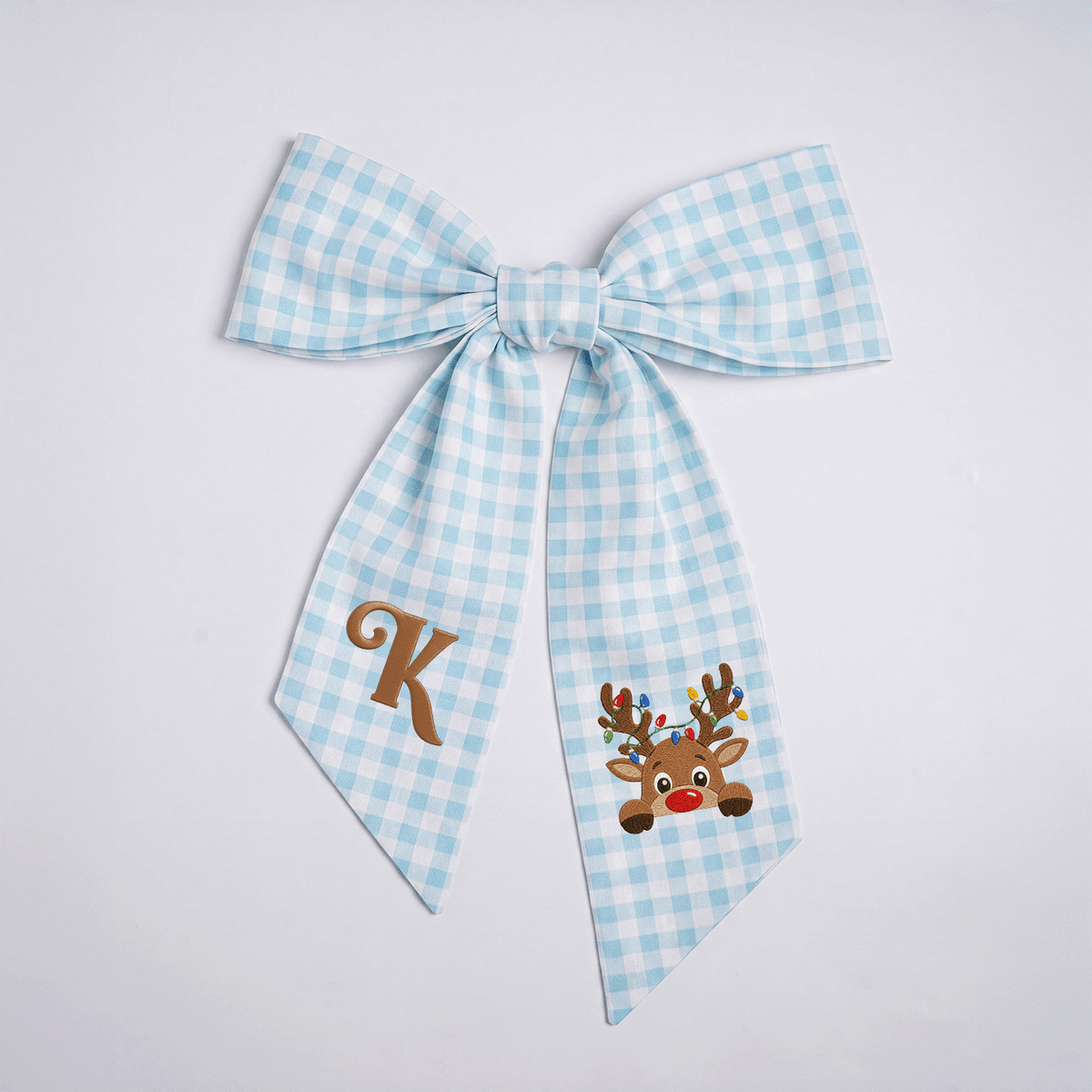 Custom Letter Reindeer Christmas Lights Embroidered Linen Wreath Sash, Personalized Monogram Holiday Bow Sash for Door Decor