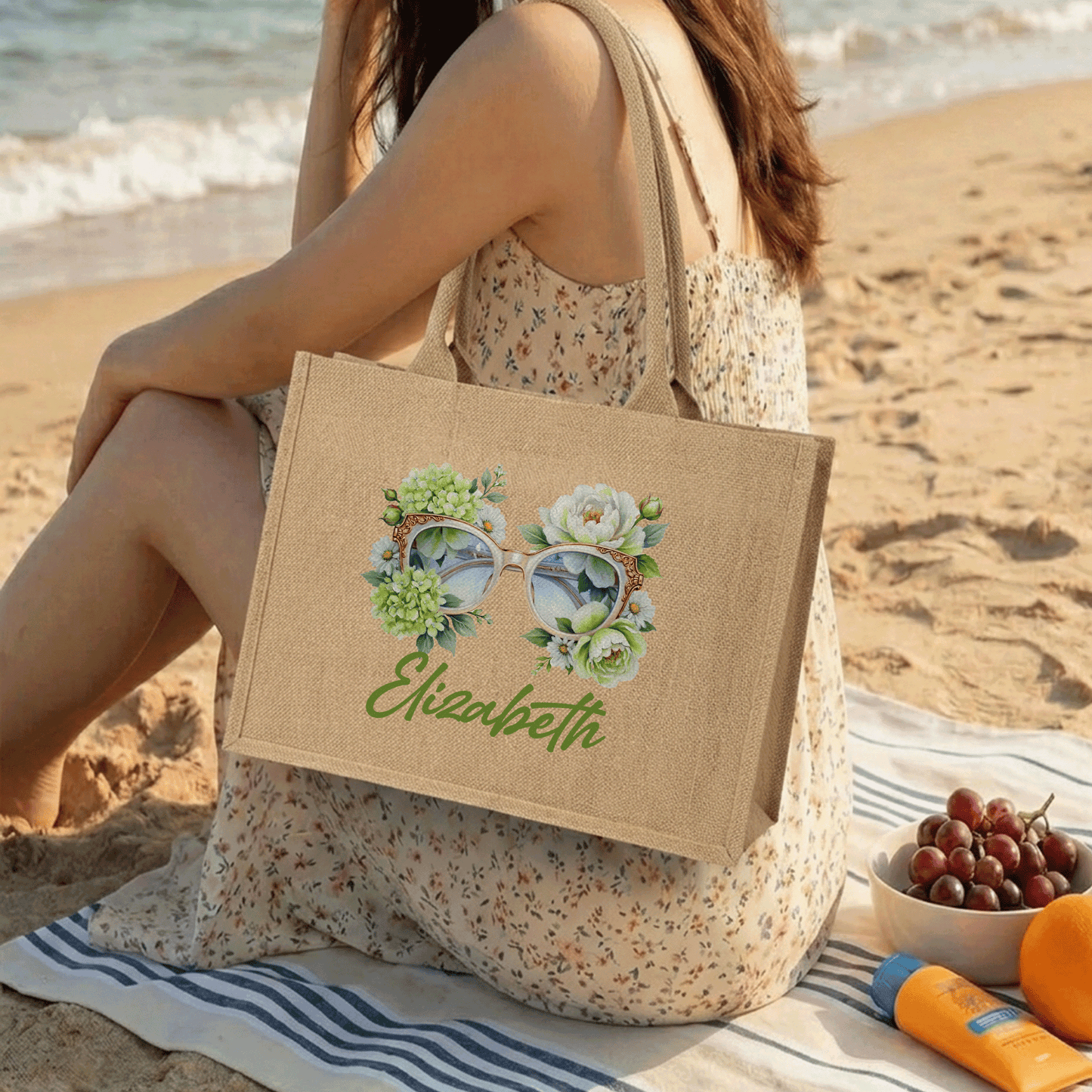 Personalized Sunglass Floral Linen Tote – Custom Name Bag