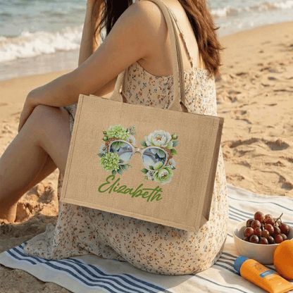 Personalized Sunglass Floral Linen Tote – Custom Name Bag