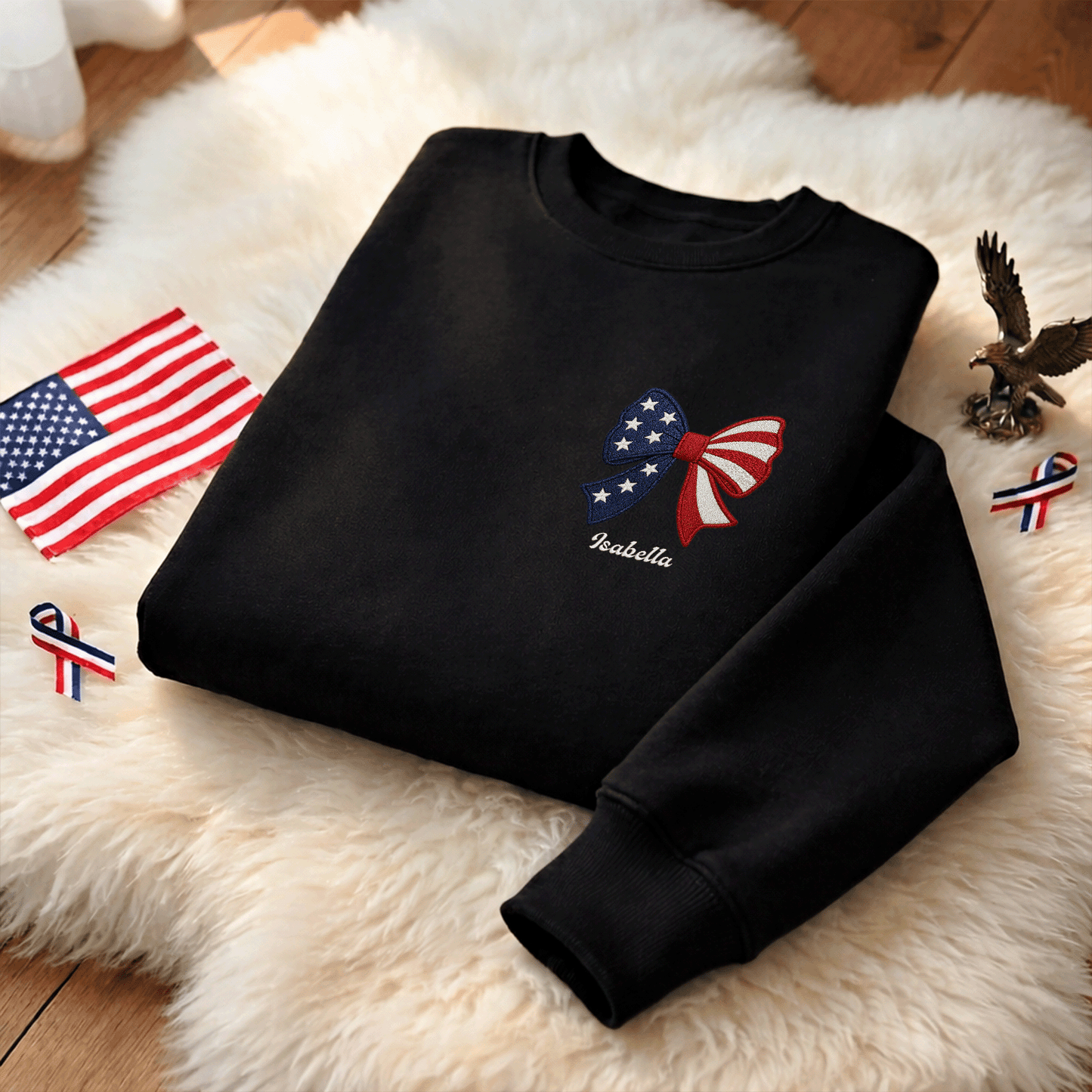 Personalized Christmas American Flag Bow Embroidered Sweatshirt, Custom Name Holiday Crewneck, Patriotic Xmas Gift for Women