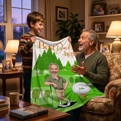 Custom Face Golf Dad Blanket – “Best Dad By Par” Personalized Photo Fleece Throw | Father’s Day Gift for Dad