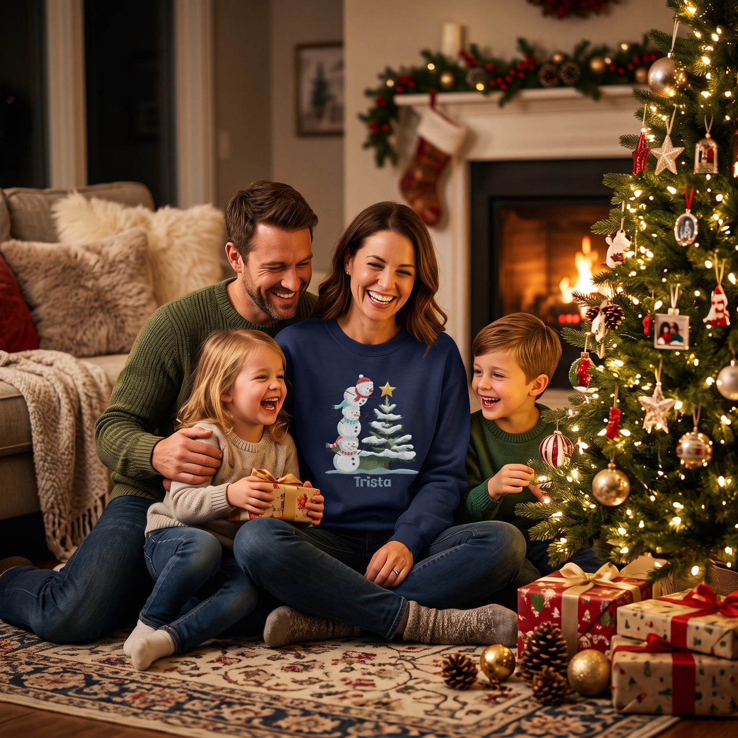 Personalized Snowman & Christmas Tree Embroidered Christmas Sweatshirt