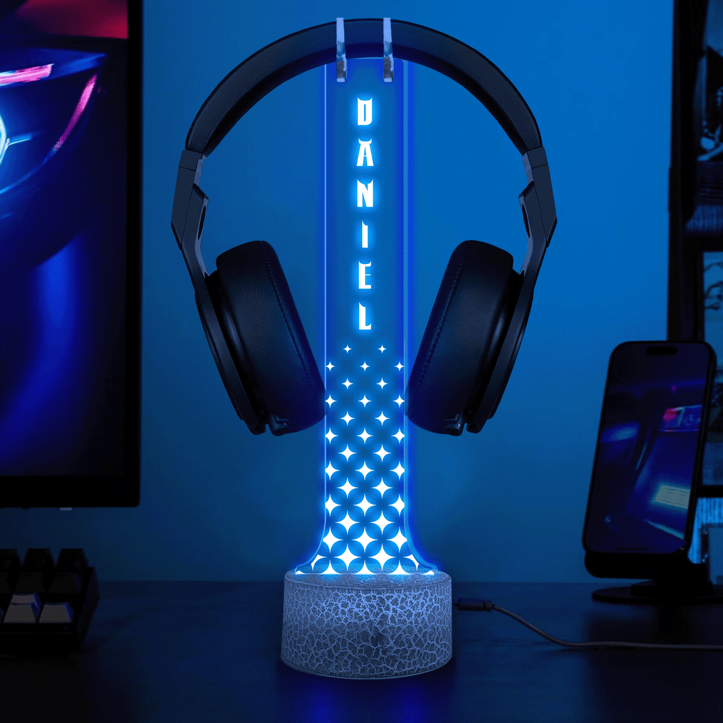 Personalized Acrylic Headphone Stand with Lights for Dad – Custom Name Gift