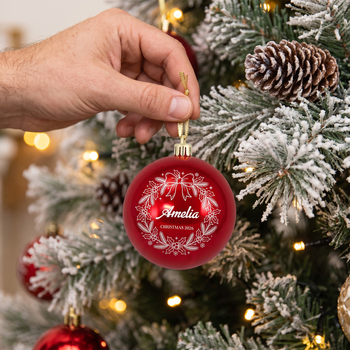 Personalized Name Dated Christmas Wreath Red Ball Ornament, Custom Line Art Shatterproof Plastic Bauble