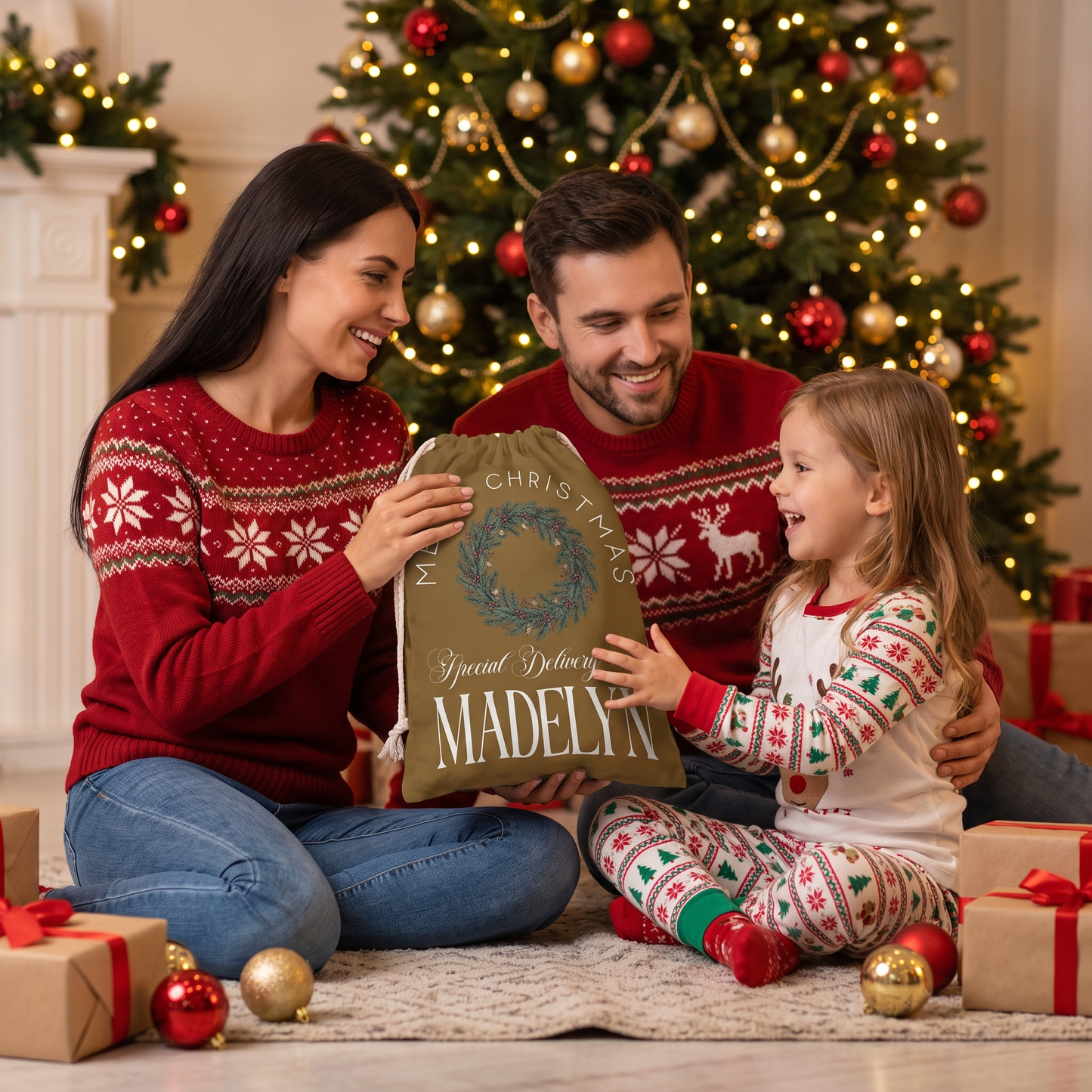 Personalized Merry Christmas Wreath Christmas Sack with Custom Name
