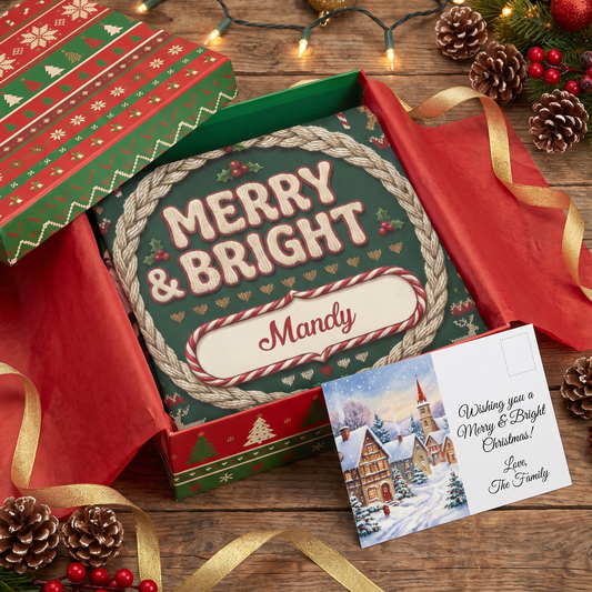 Folded Merry and Bright knit pattern name apron in a festive gift box with a Christmas card