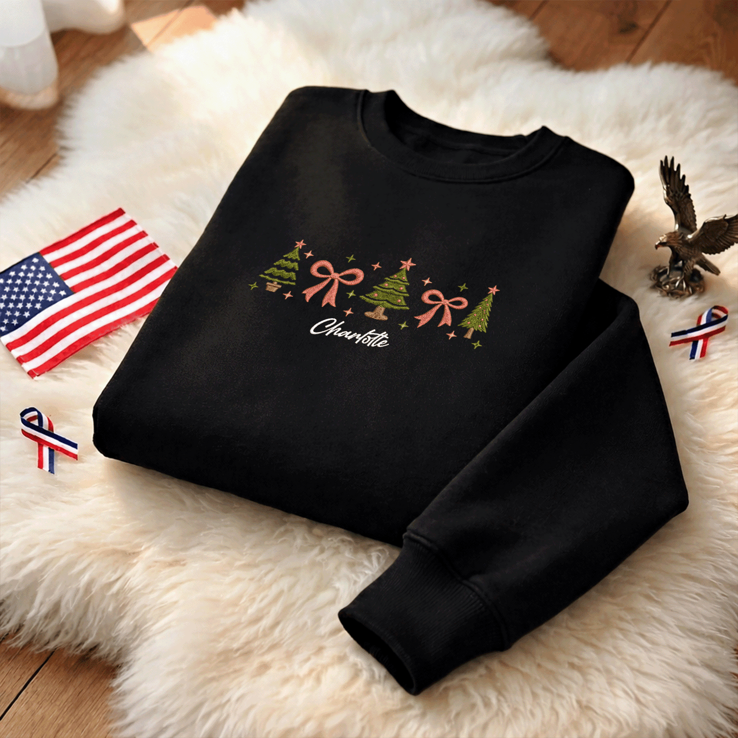 Personalized Embroidered Christmas Trees & Bows Sweatshirt with Custom Name