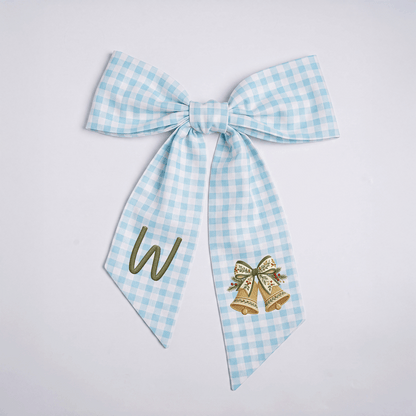 Personalized Monogram Golden Christmas Bells Embroidered Linen Door Wreath Sash, Custom Initial Holiday Wreath Bow Sash Decor, Festive Front Door Home Accessories