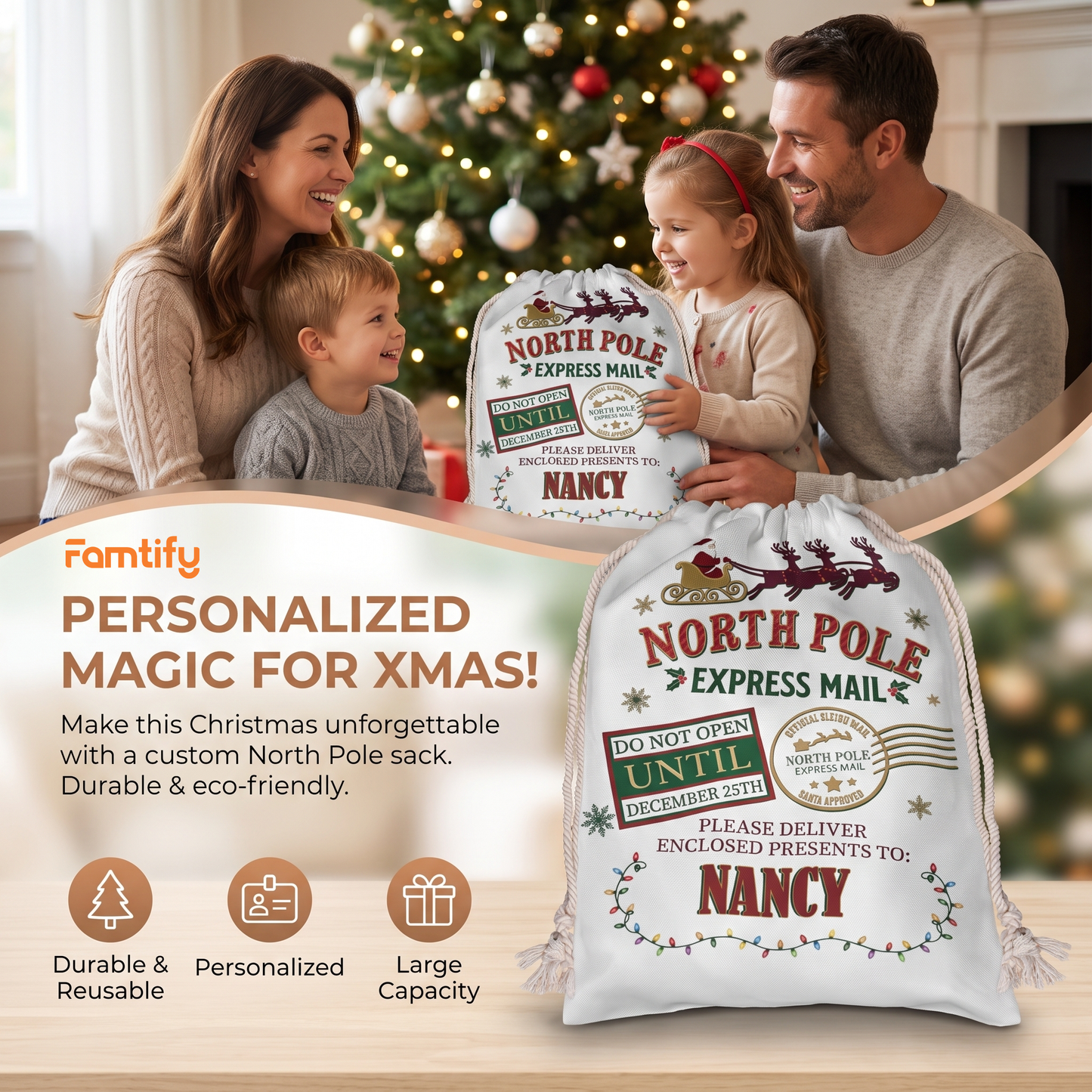 Personalized North Pole Express Mail Christmas Sack with Custom Name