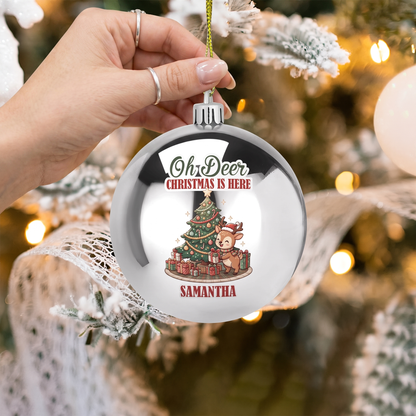 Personalized Name Oh Deer Christmas Is Here Silver Ball Ornament, Custom Full Color Reindeer Shatterproof Plastic Bauble