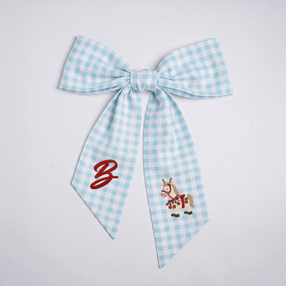 Custom Letter Christmas Rocking Horse Embroidered Linen Wreath Sash, Personalized Monogram Holiday Bow Sash for Door Decor