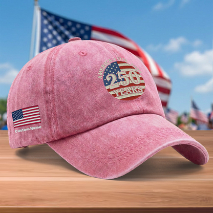 America 250 Years 1776-2026 Embroidered Washed Denim Baseball Cap – Custom Name Patriotic USA Anniversary Hat
