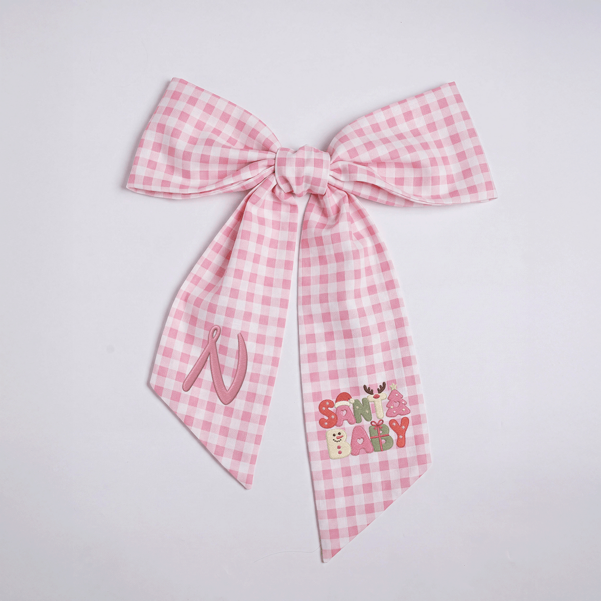 Custom Monogram Santa Baby Embroidered Linen Door Wreath Sash, Personalized Initial Retro Typography Reindeer Pink Tree Holiday Wreath Sash & Front Door Decor