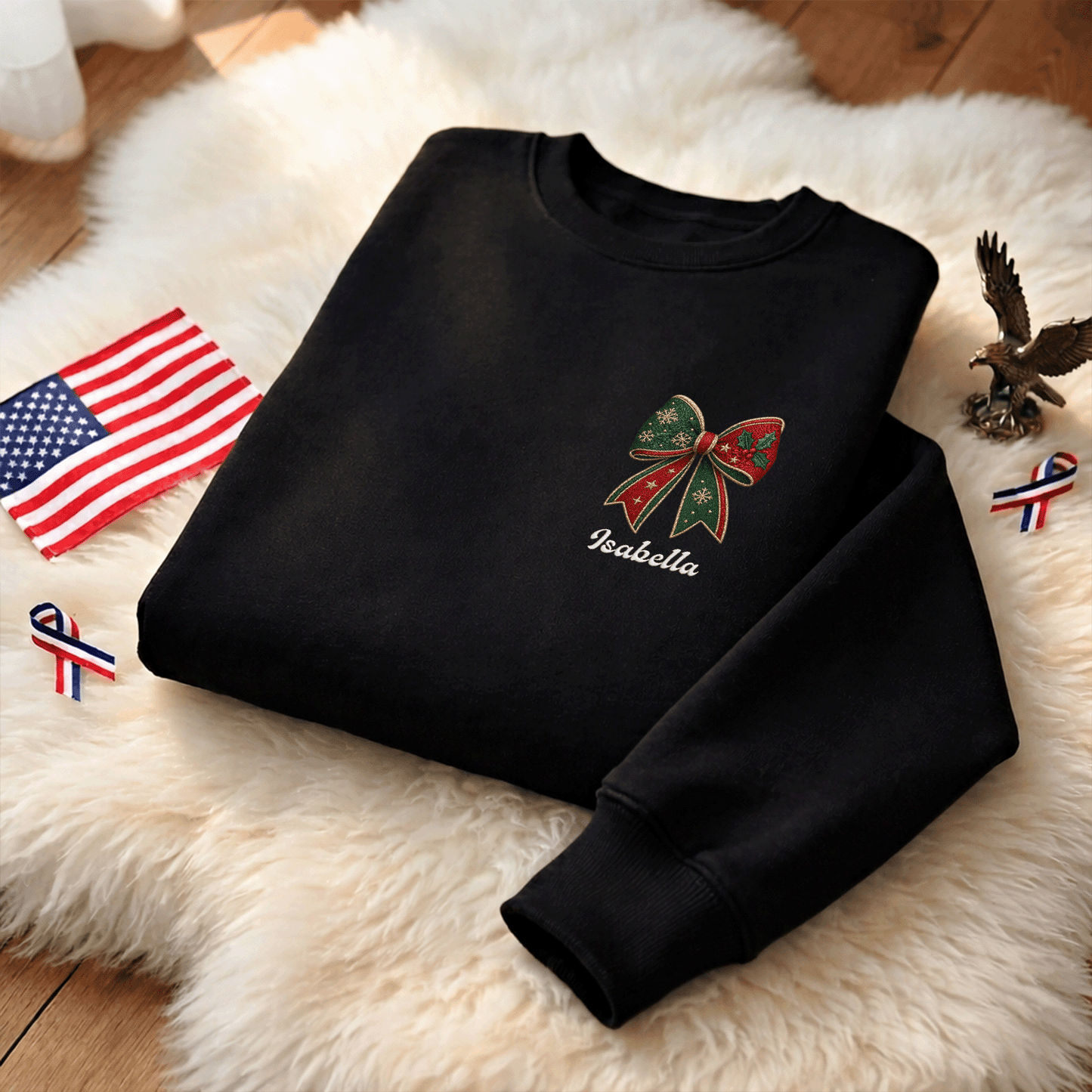 Personalized Christmas Bow Embroidered Sweatshirt | Custom Name Holiday Ribbon Crewneck Gift