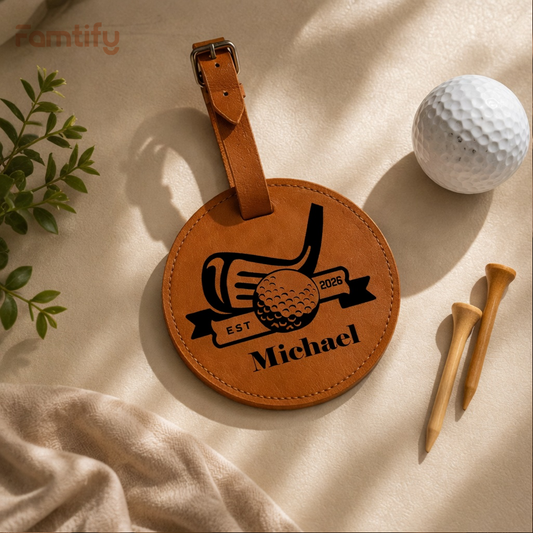 Personalized Leather Golf Bag Tag for Dad – Custom Name Golf Gift