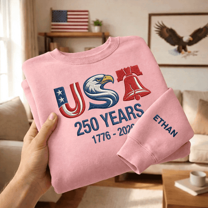 USA 250 Years 1776–2026 Embroidered Sweatshirt - Patriotic Independence Day Crewneck