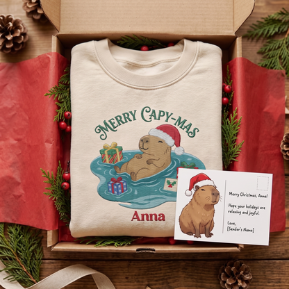 Personalized Merry Capy-Mas Embroidered Sweatshirt | Custom Name Christmas Capybara Crewneck Gift