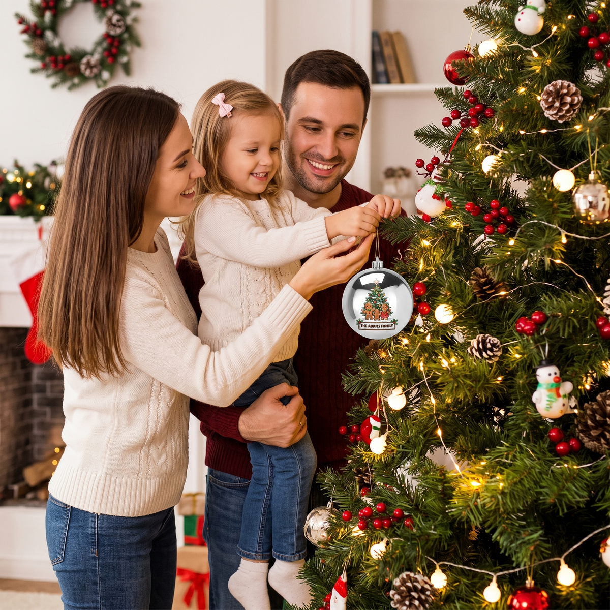 Personalized Family Name Gingerbread Family Silver Christmas Ball Ornament, Custom Full Color Shatterproof Plastic Bauble