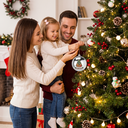 Personalized Family Name Gingerbread Family Silver Christmas Ball Ornament, Custom Full Color Shatterproof Plastic Bauble