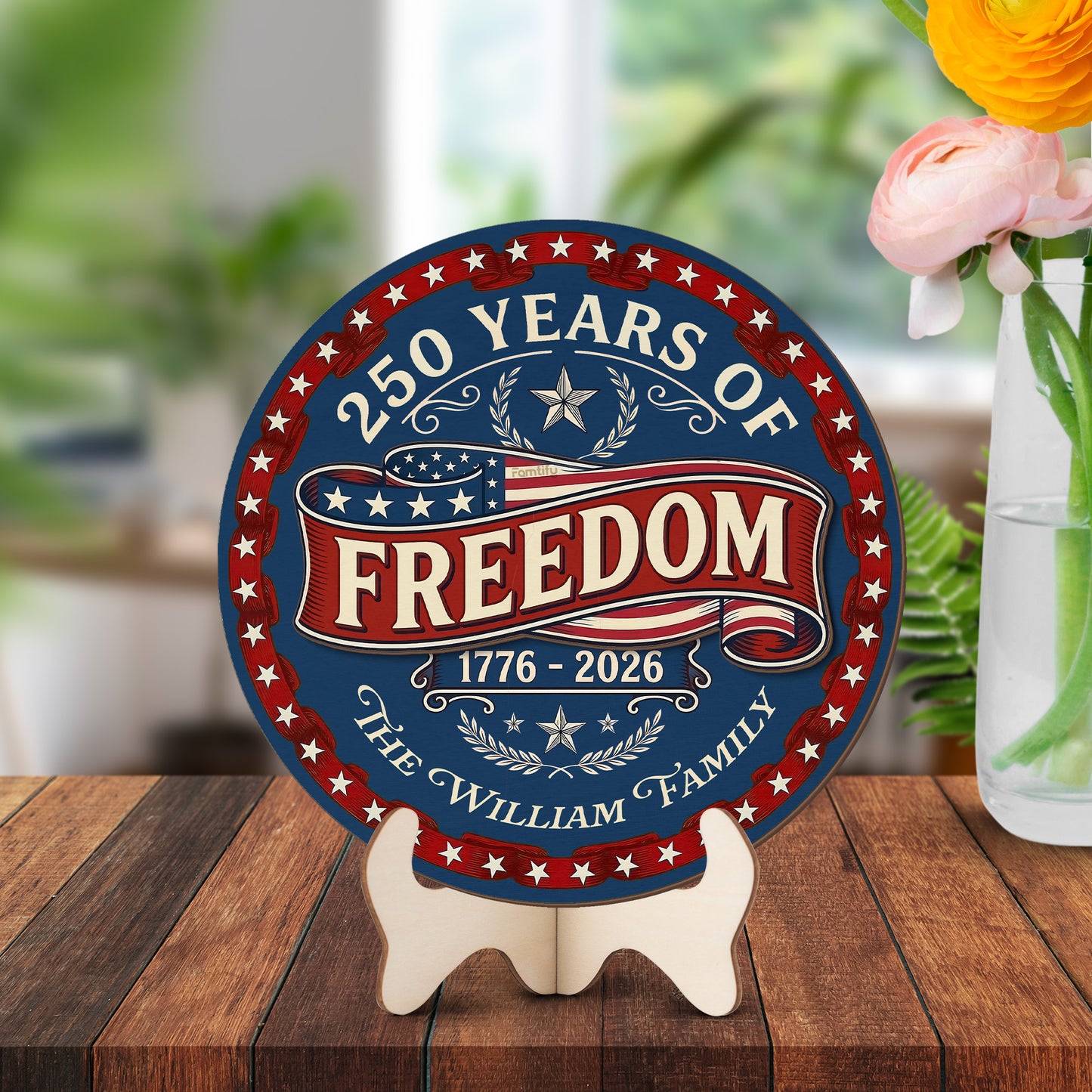 250 Years of Freedom Personalized 2-Layer Wood Sign – Custom Family Name Patriotic Door Sign