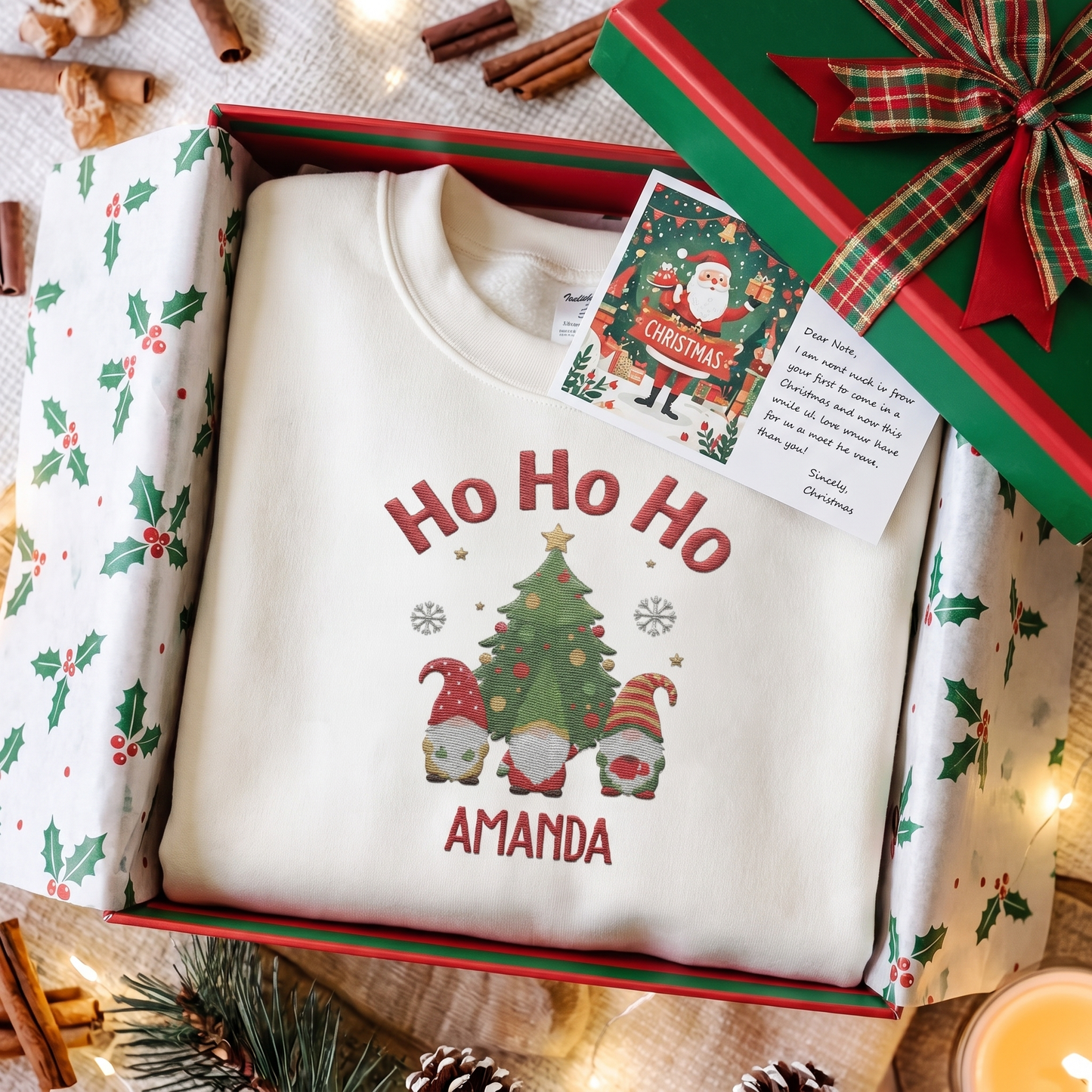 Personalized Ho Ho Ho Christmas Gnome Sweatshirt with Custom Name | Cute Holiday Crewneck Gift