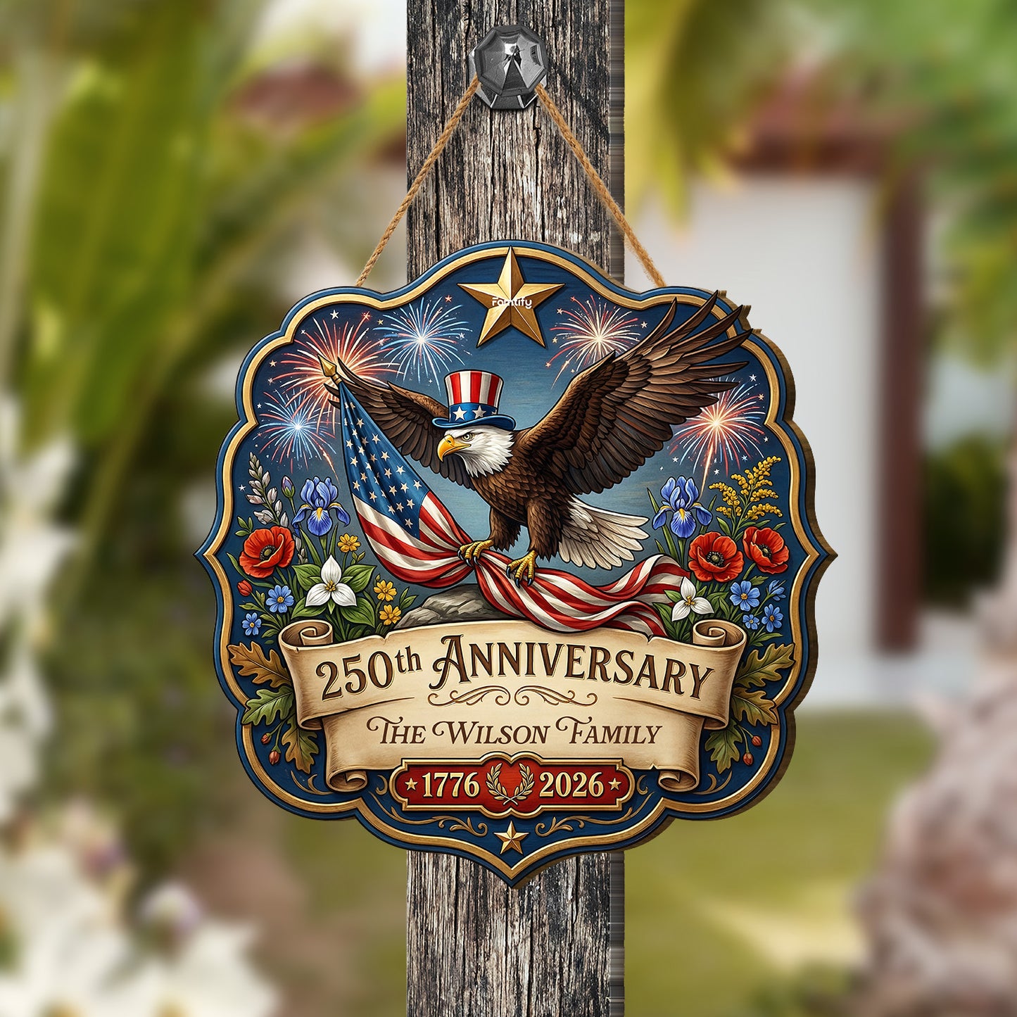 Personalized American Eagle 250th Anniversary Family Name Wooden Hanging Sign – Patriotic Decor Gift for Family – Independence Day Keepsake
