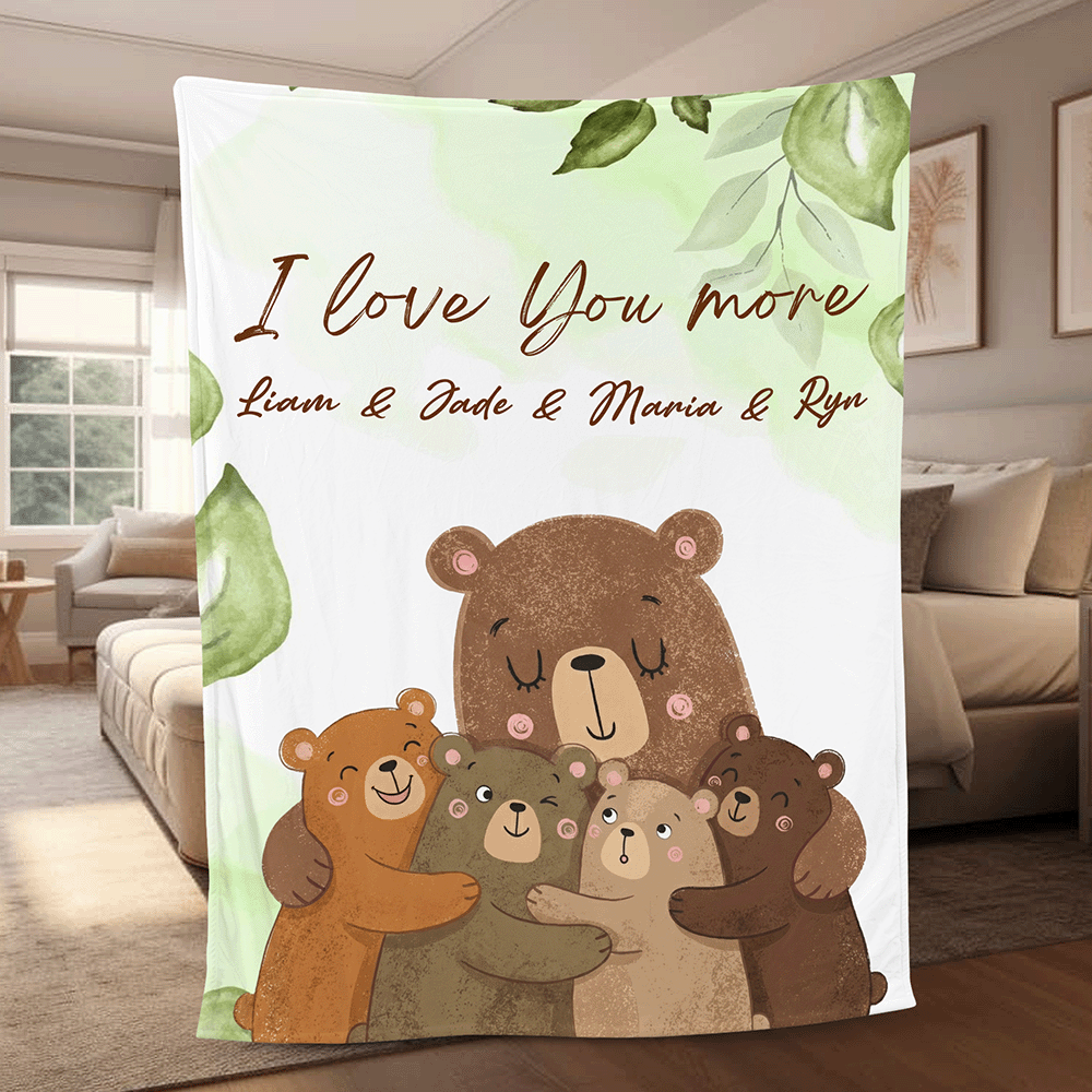 Personalized Mama Bear Sherpa Blanket with Grandchildren Names – Custom Floral Fleece Gift for Mom