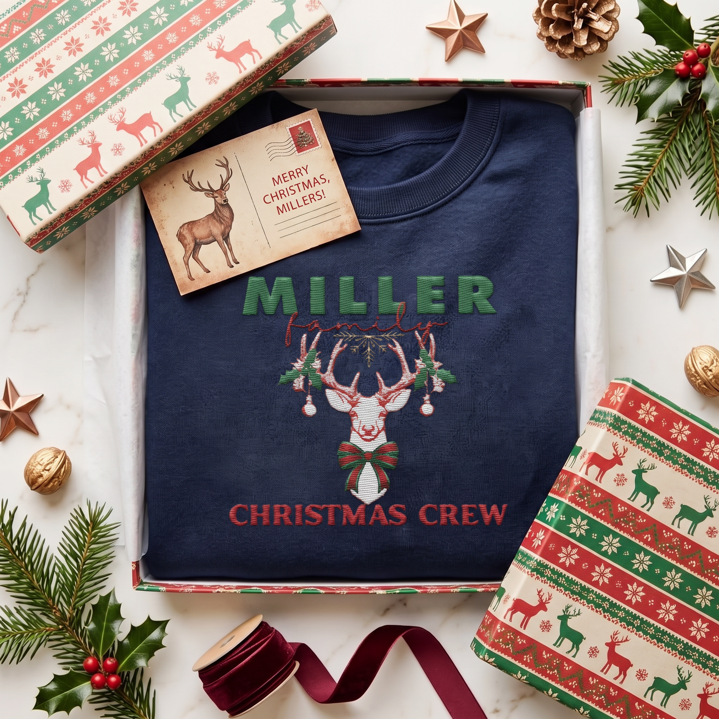 Personalized Christmas Crew Reindeer Embroidered Sweatshirt