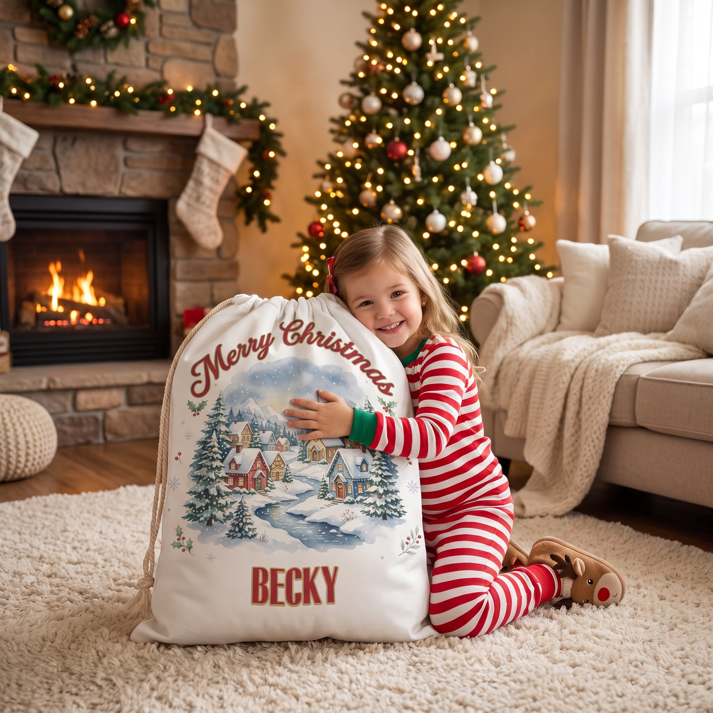 Personalized Merry Christmas Village Christmas Sack, Custom Name Santa Gift Bag