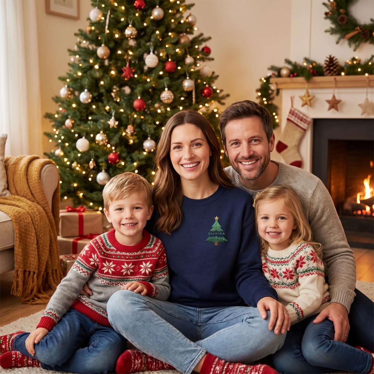 Family by the fireplace with mom in the navy embroidered chest tree sweatshirt