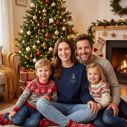 Family by the fireplace with mom in the navy embroidered chest tree sweatshirt