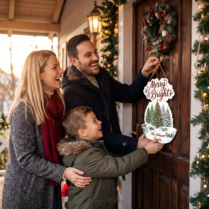 Personalized Christmas Trees Custom Shape Wood Sign, Custom Family Name Merry & Bright Winter Snowy Trees Wooden Hanging Plaque, Festive Holiday Door & Wall Decor Family Gift