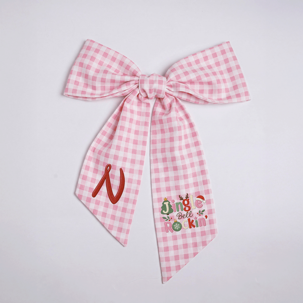 Custom Monogram Jingle Bell Rockin' Embroidered Linen Door Wreath Sash, Personalized Initial Festive Typography Reindeer Santa Hat Holiday Wreath Sash & Front Door Decor