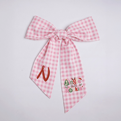 Custom Monogram Jingle Bell Rockin' Embroidered Linen Door Wreath Sash, Personalized Initial Festive Typography Reindeer Santa Hat Holiday Wreath Sash & Front Door Decor