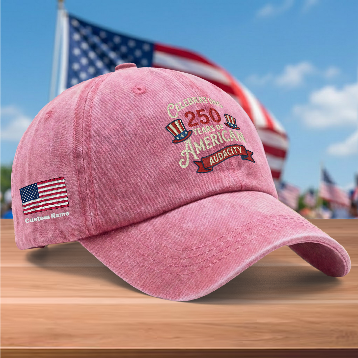 Celebrating 250 Years of American Audacity Embroidered Washed Denim Baseball Cap – Custom Name Patriotic USA Anniversary Hat