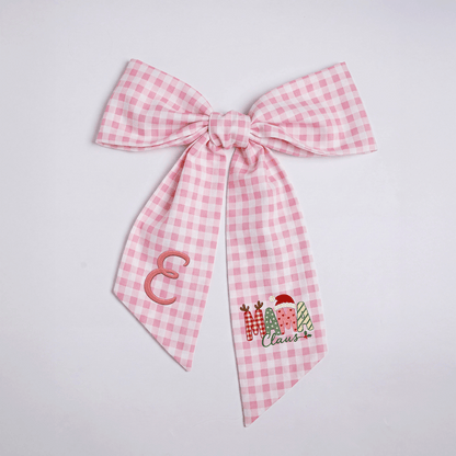 Custom Monogram Mama Claus Embroidered Linen Door Wreath Sash, Personalized Initial Santa Hat Reindeer Festive Typography Holiday Wreath Sash & Front Door Decor