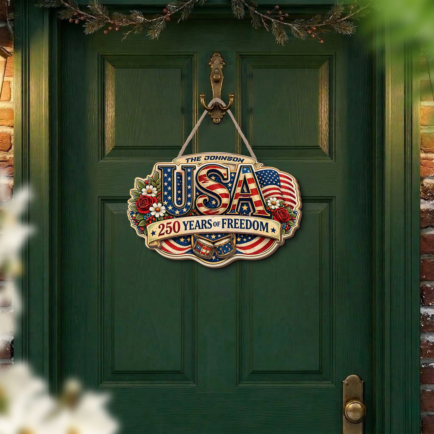 Personalized USA 250 Years of Freedom 2-Layer Wood Sign – Patriotic Floral Letter Door Decor